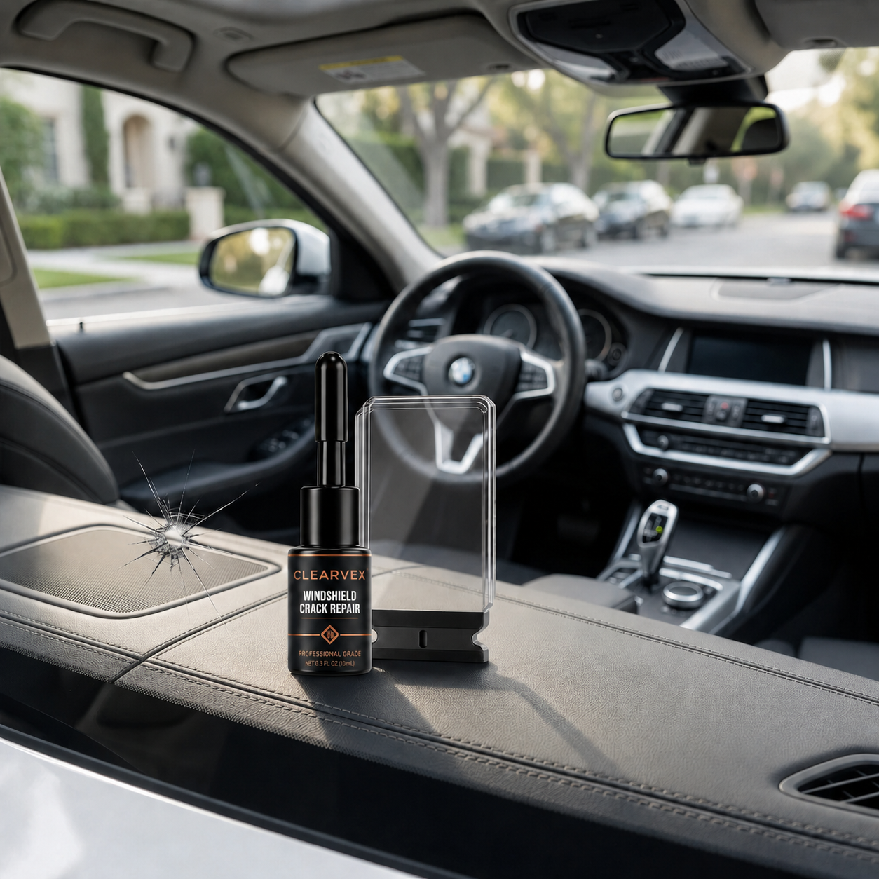 CLEARVEX crack repair bottle inside a car